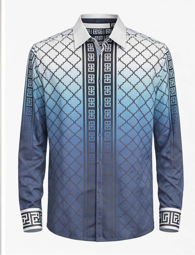 Men’s Black & White Ombre Pattern Button-Up Shirt