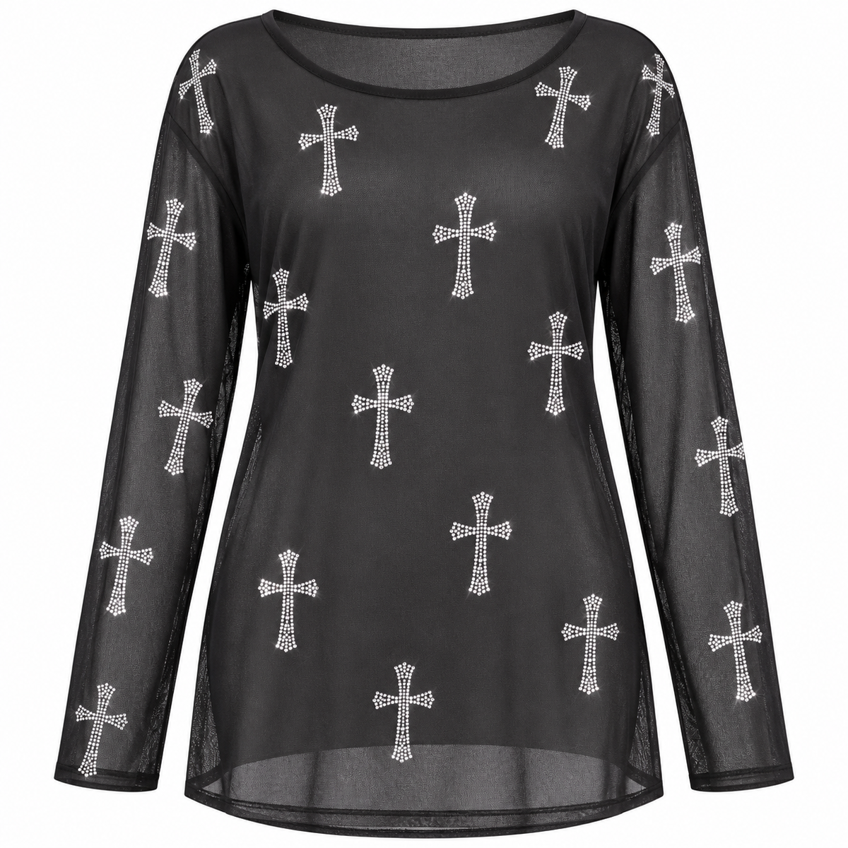 Black Rhinestone Cross Mesh Blouse