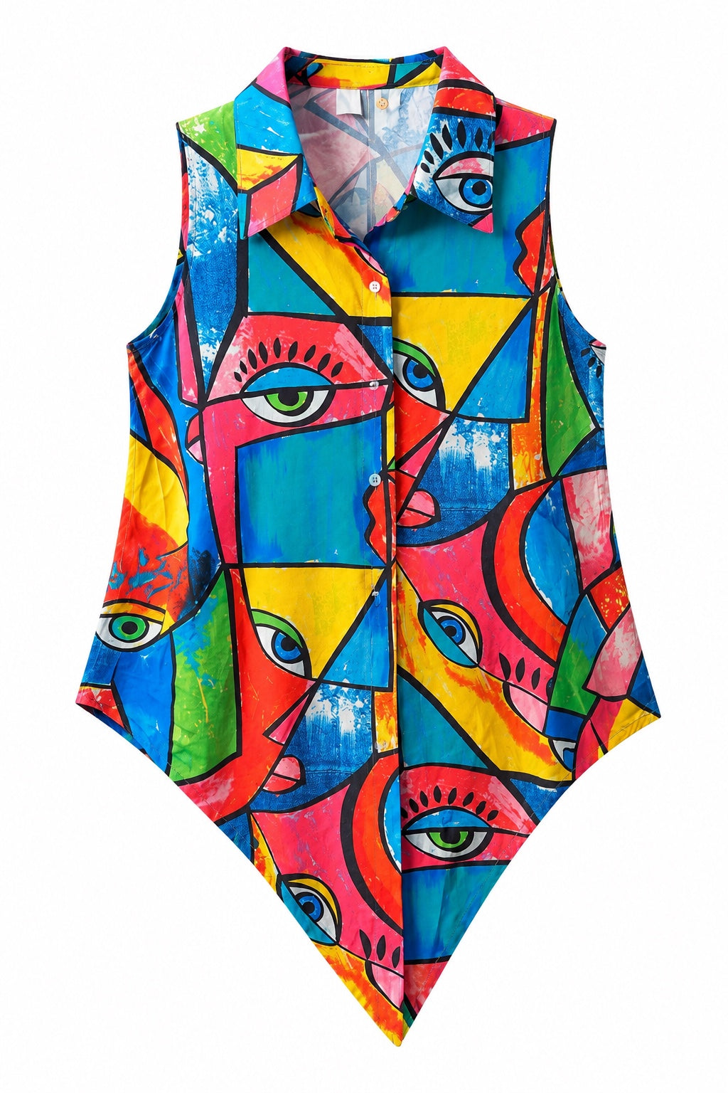 Abstract Face Print Sleeveless Tunic