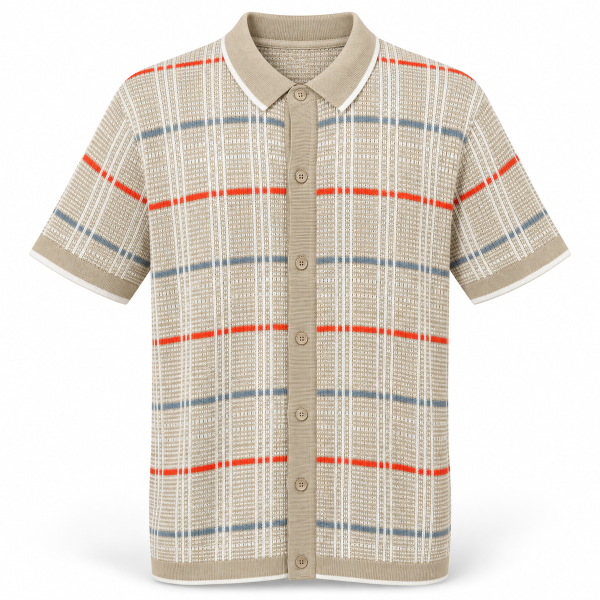Men's Beige Plaid Knit Button-Front Polo