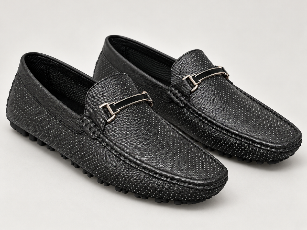 D.U.S For Him Black Textured Horsebit Loafers