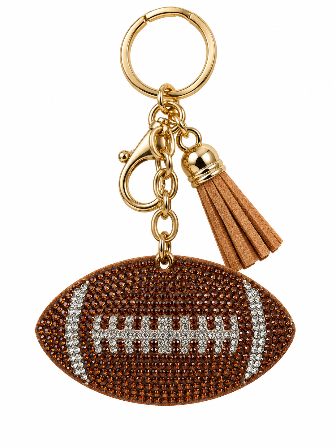 Brown rhinestone football keychain with silver accents, gold-tone hardware, and tan tassel