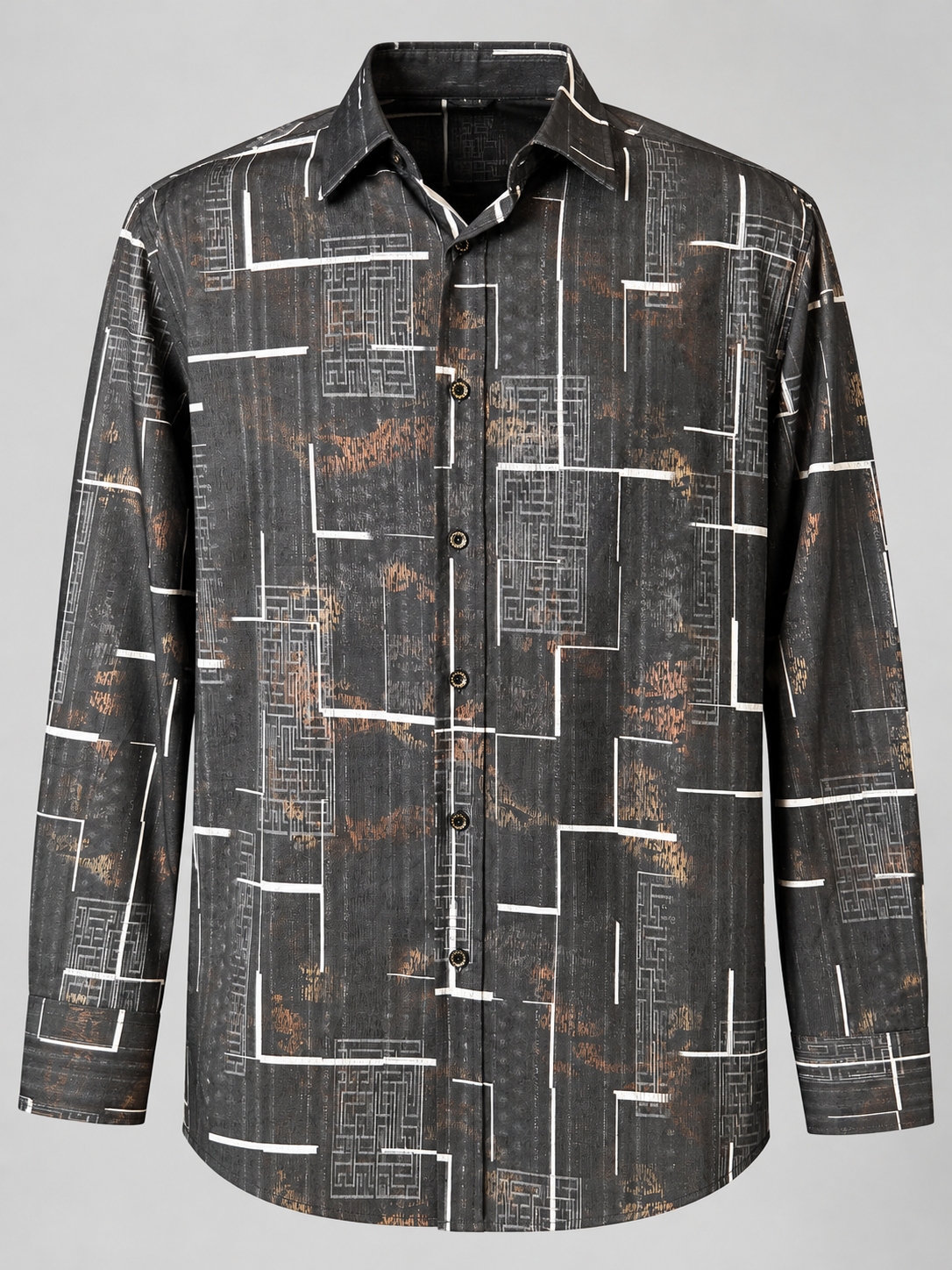 Charcoal black geometric print men's button-up shirt with bronze accents