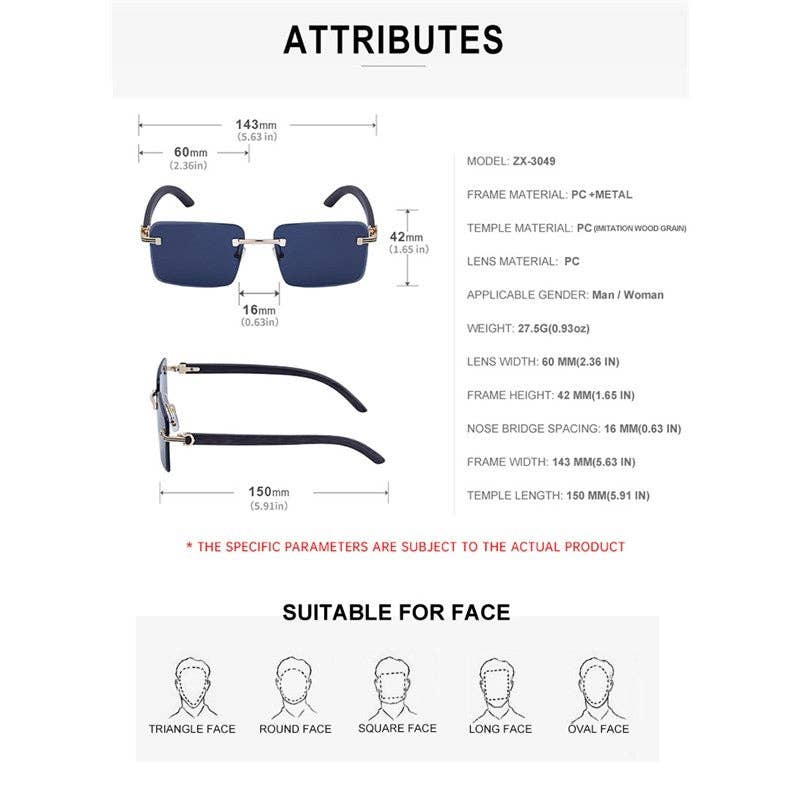 Unisex UV400 Classic Square Frameless Imitation Wooden Grain Legs Eyewear Sunglasses: SKY BLUE / One_size
