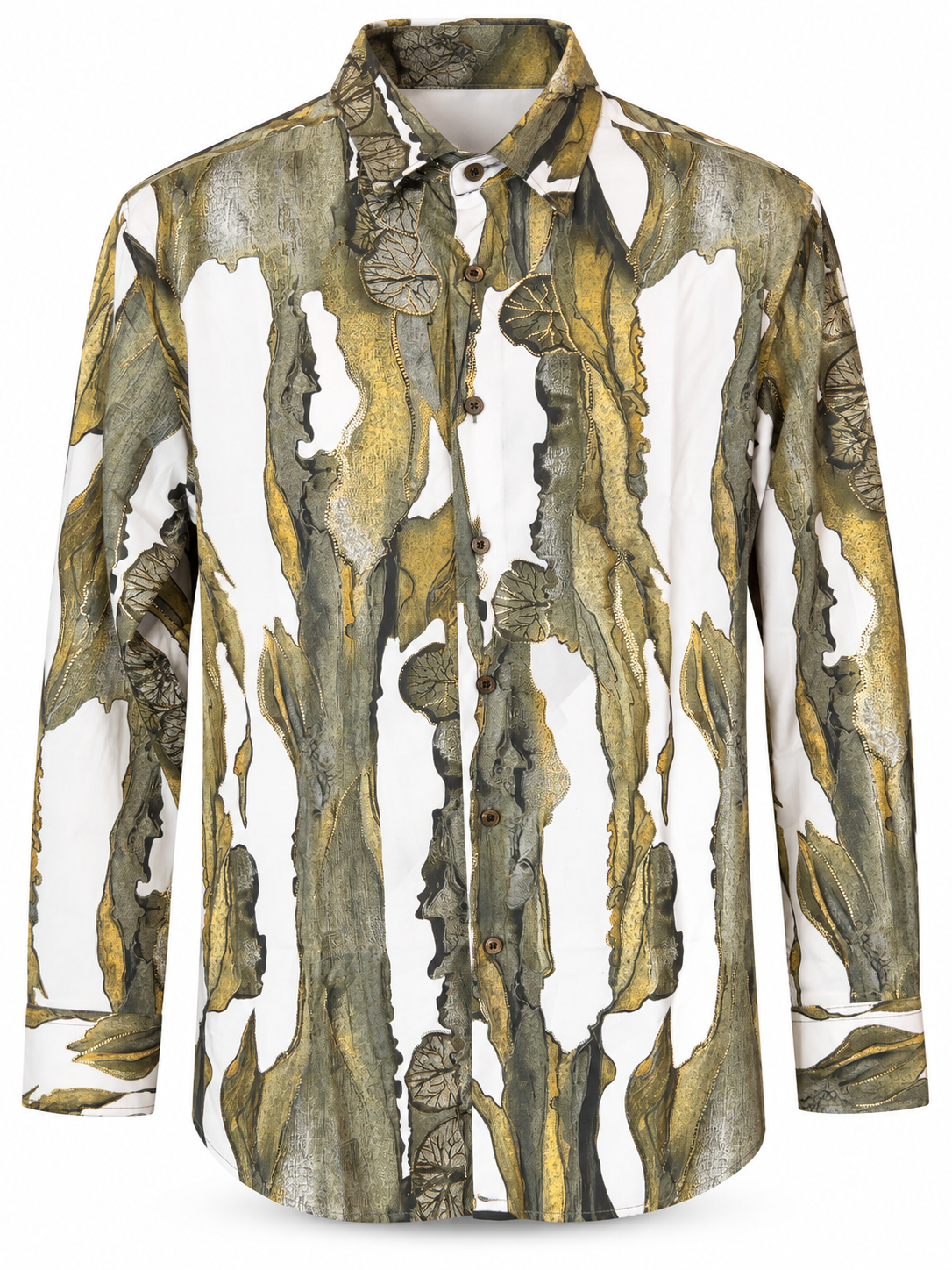 D.U.S For Him abstract olive and gold print button-up shirt