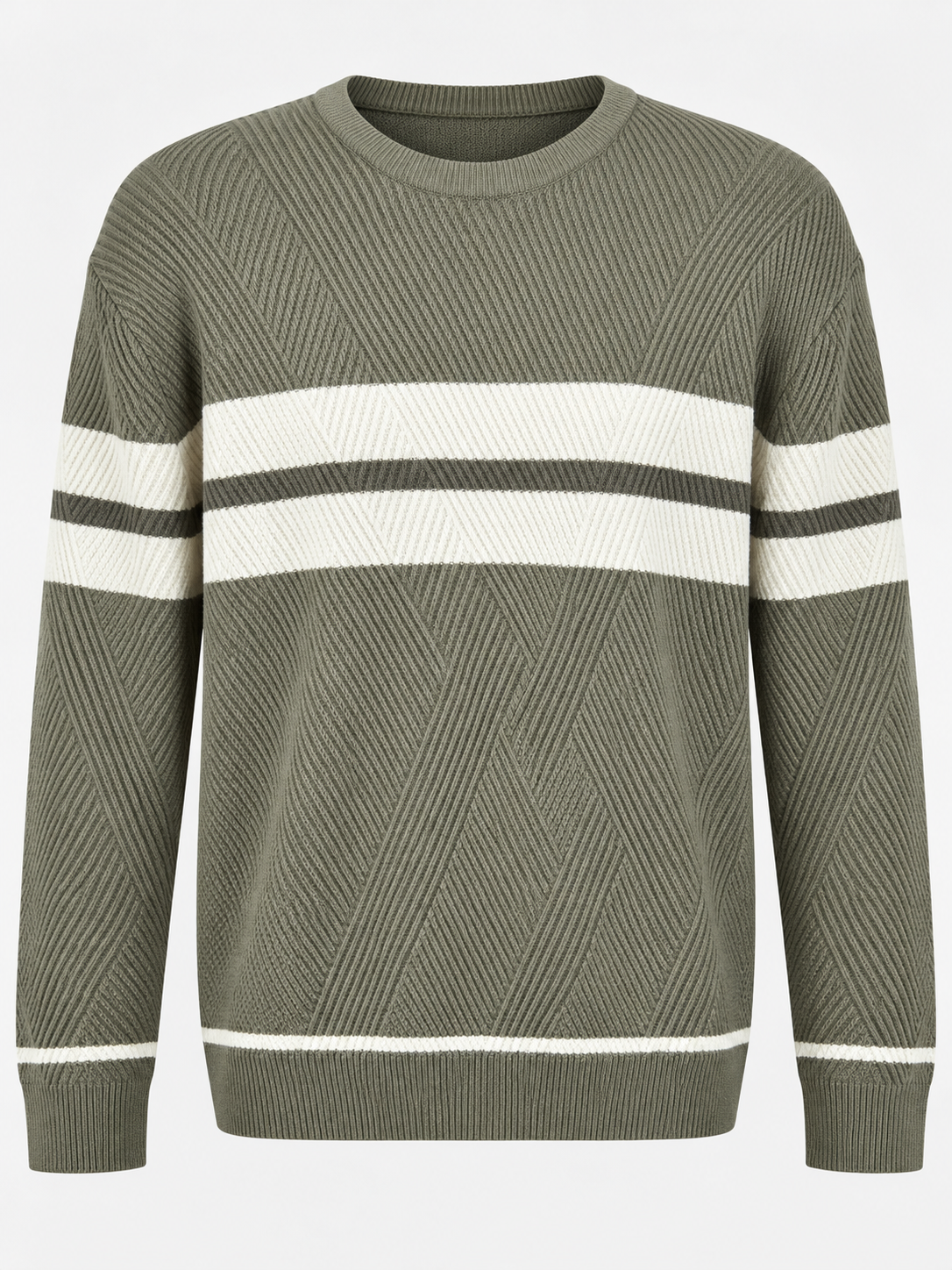 Muted sage green D.U.S For Him striped knit crewneck sweater with ivory and charcoal bands