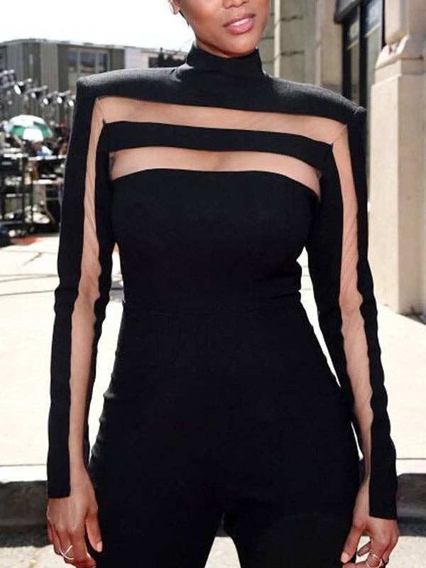 Long Sleeves Skinny Mesh Solid Color Split-Joint High Neck T-Shirts Tops: BLACK / XL