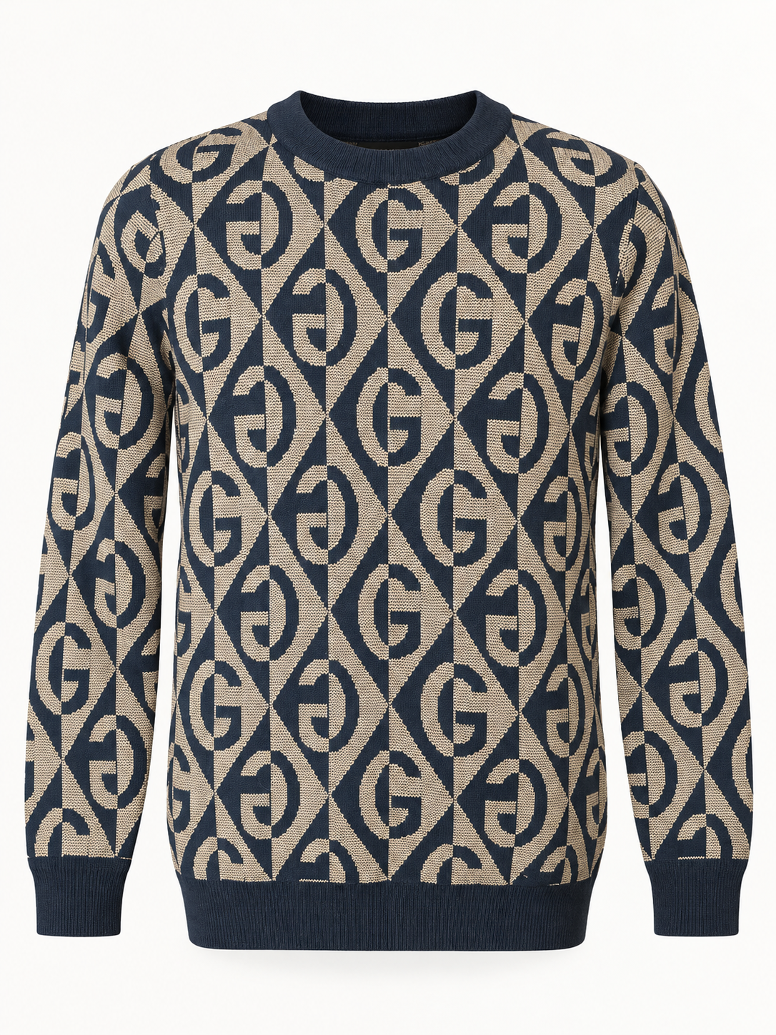 Paze men's navy and tan geometric G-pattern crewneck sweater