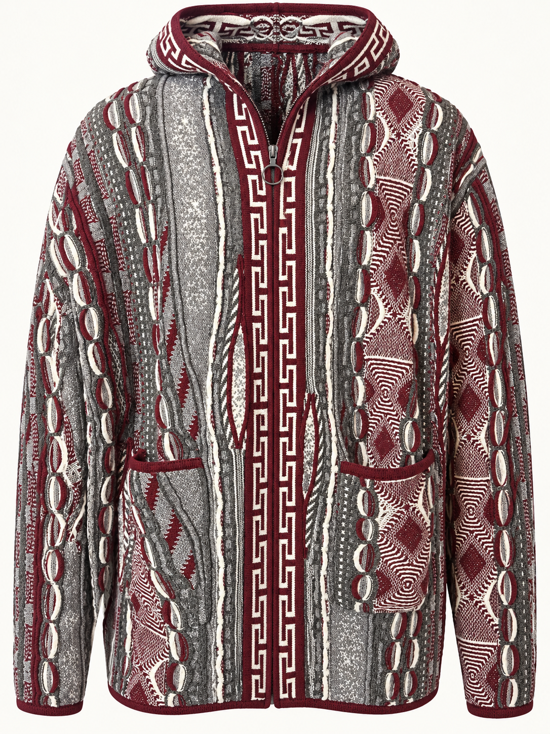 Front view of SilverSilk burgundy gray and cream patterned knit zip jacket with hood and pockets
