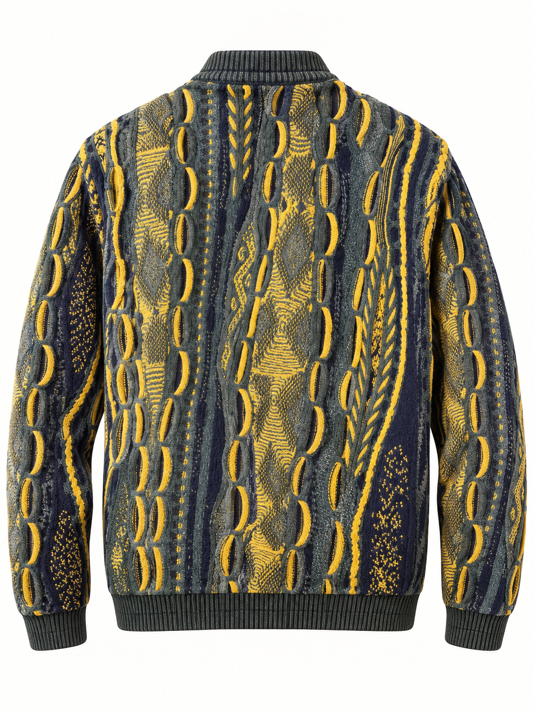 Back view of SilverSilk Signature men's charcoal olive patterned knit zip jacket