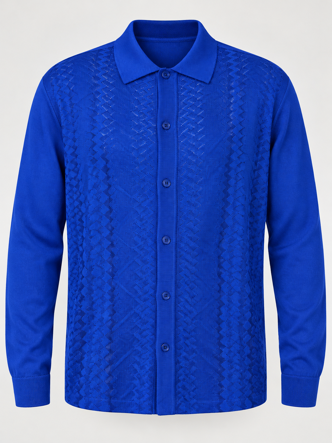 SilverSilk royal blue men's long sleeve button-up with textured knit front and smooth fabric back