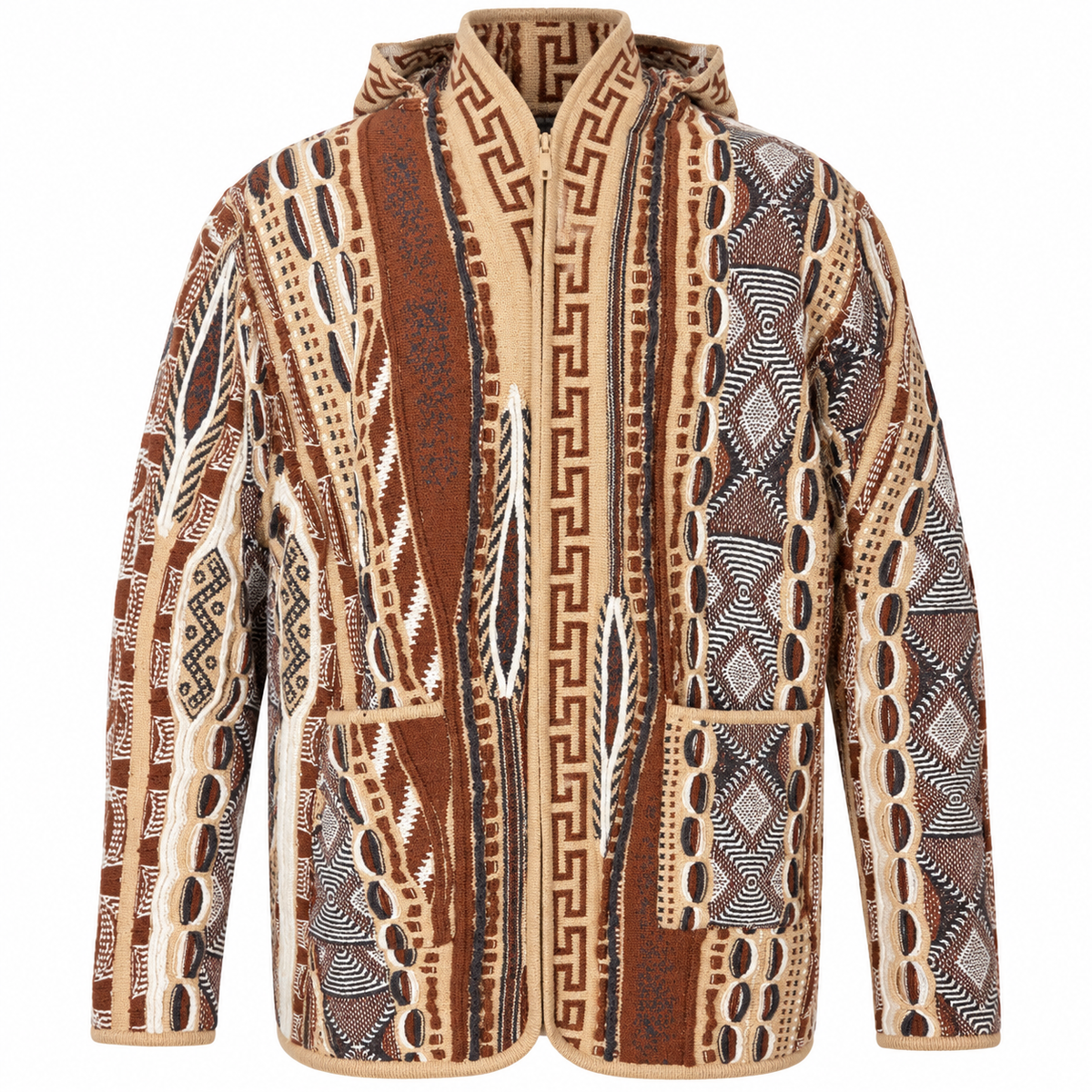 Front view of tan and brown geometric knit zip jacket with hood and front pockets