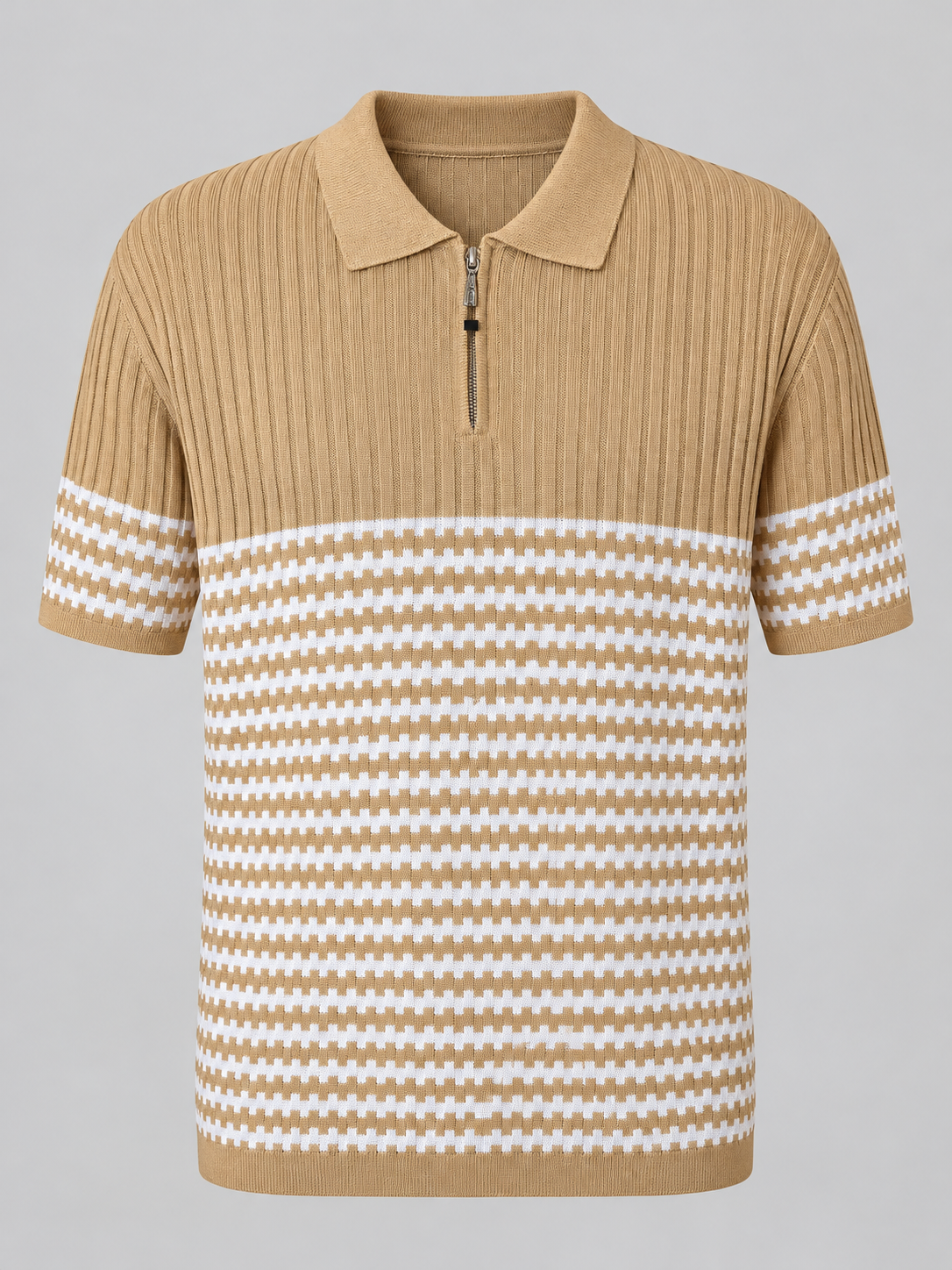 Camel and ivory Stacy Adams geometric knit polo shirt