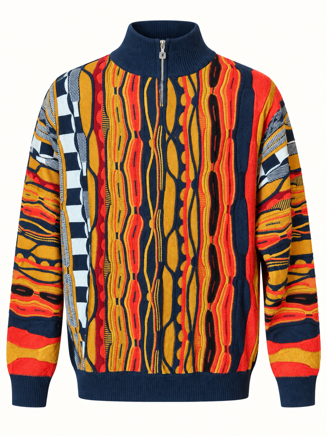 Stacy Adams multicolor geometric knit quarter-zip sweater in navy, red-orange, mustard and cream