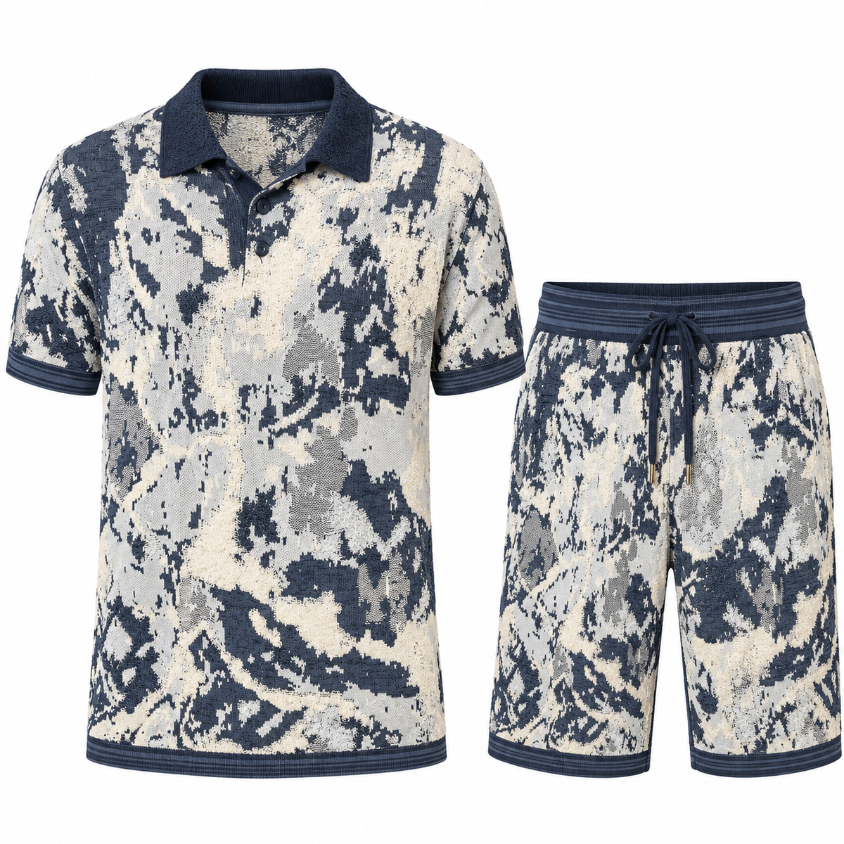 Stacy Adams navy and ivory short-sleeve textured knit shirt and matching shorts set