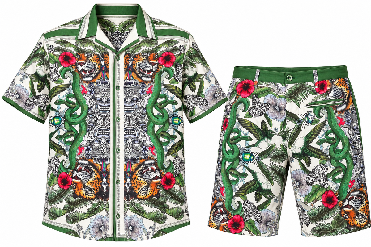 Stacy Adams white-green safari print two-piece shirt and shorts set
