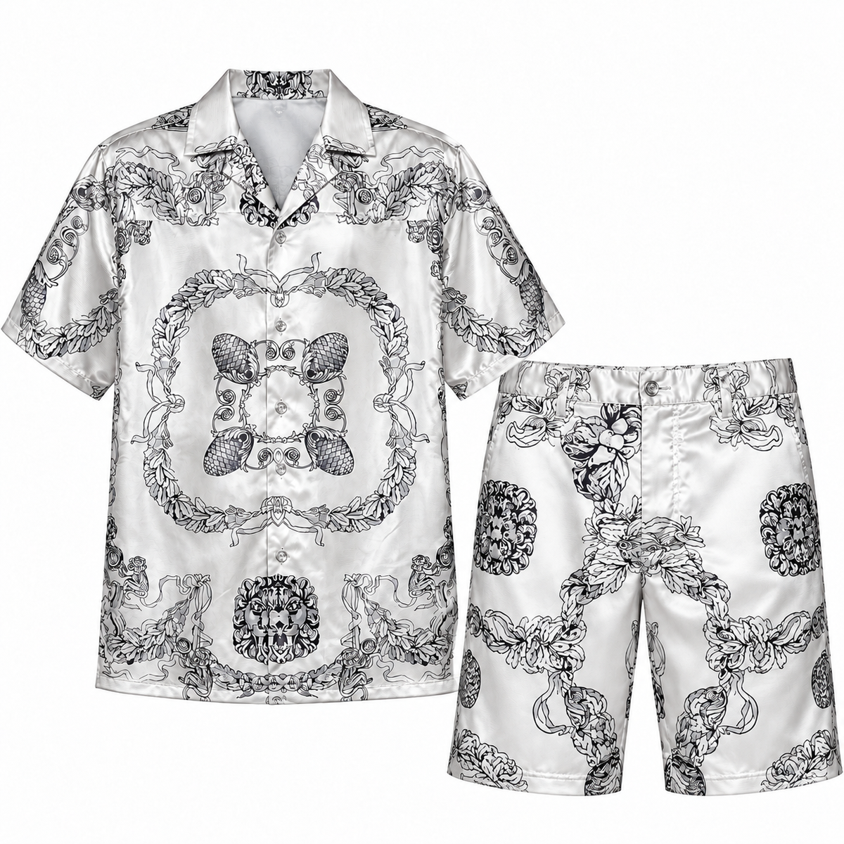 Stacy Adams white and black printed short-sleeve shirt and matching longer knee-length shorts, size XL