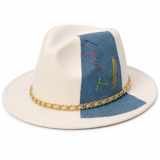 Denim Patchwork Wide-Brim Hat