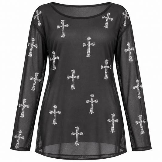 Black Rhinestone Cross Mesh Blouse