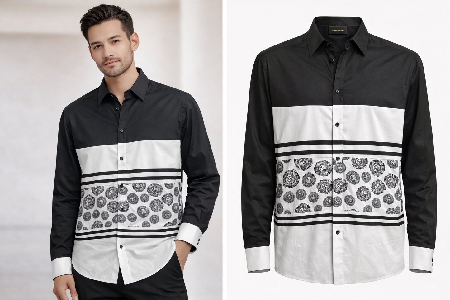 Men’s Black & White Color-block  Pattern Button-Up Shirt
