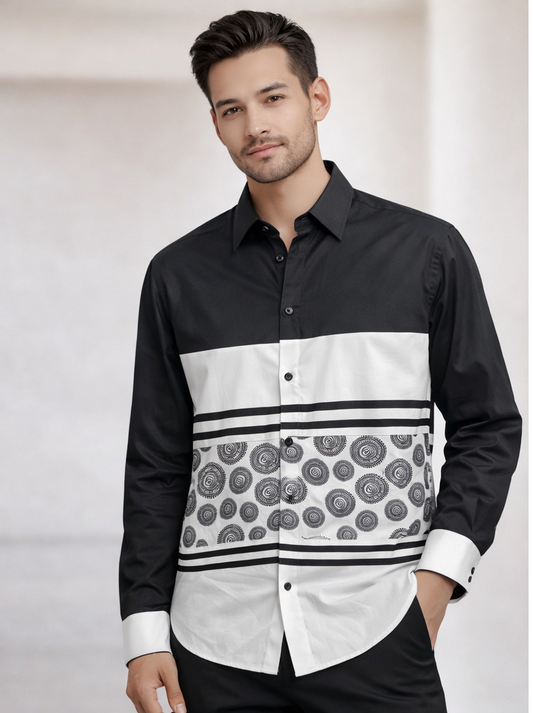 Men’s Black & White Color-block  Pattern Button-Up Shirt