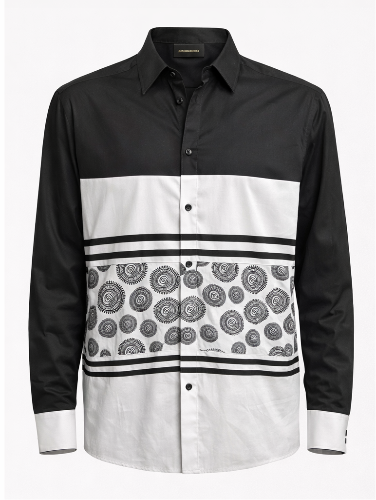Men’s Black & White Color-block  Pattern Button-Up Shirt