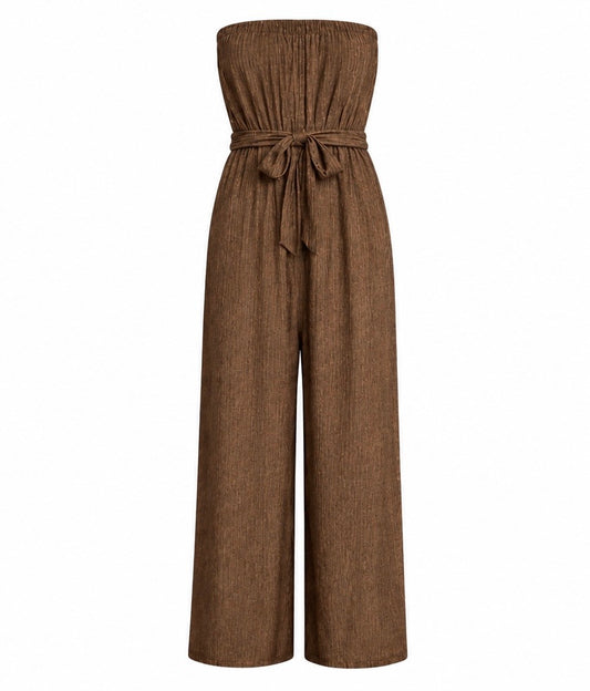 Brown Strapless Belted Jumpsuit