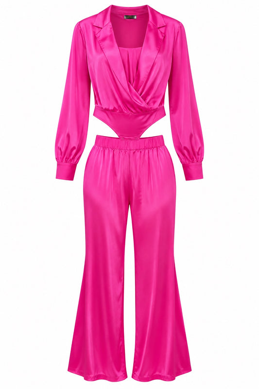 Fuchsia Satin Two-Piece Pants Set