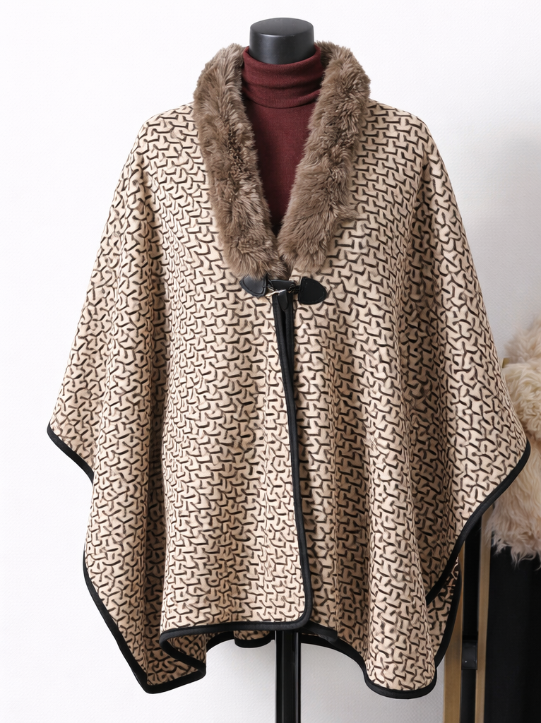 Brown Plaid Fringe Poncho