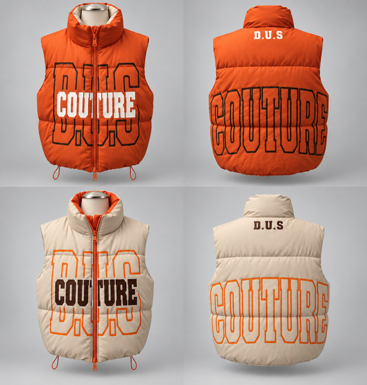 D.U.S Couture Reversible Orange + Cream Puffer Vest