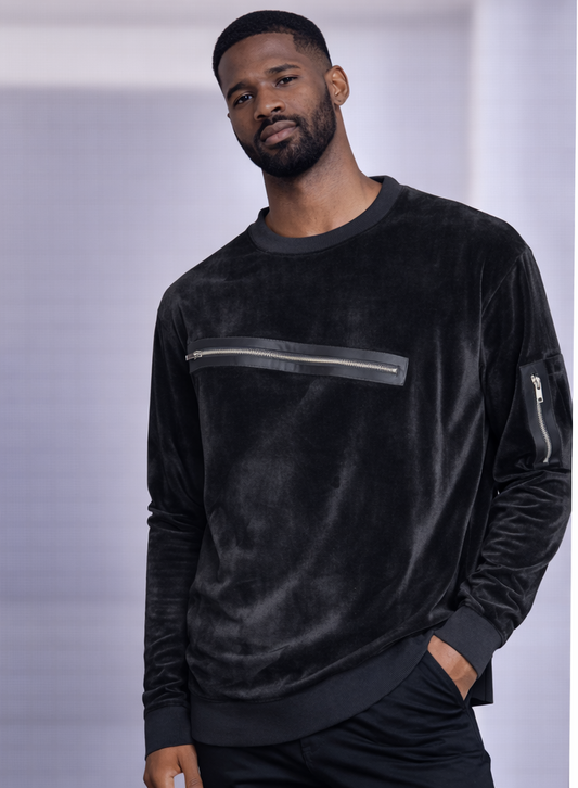Velour Utility Zip Crewneck Sweatshirt