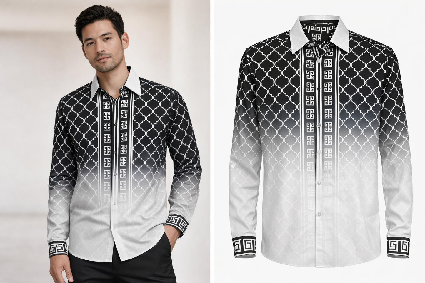 Men’s Black & White Ombre Pattern Button-Up Shirt