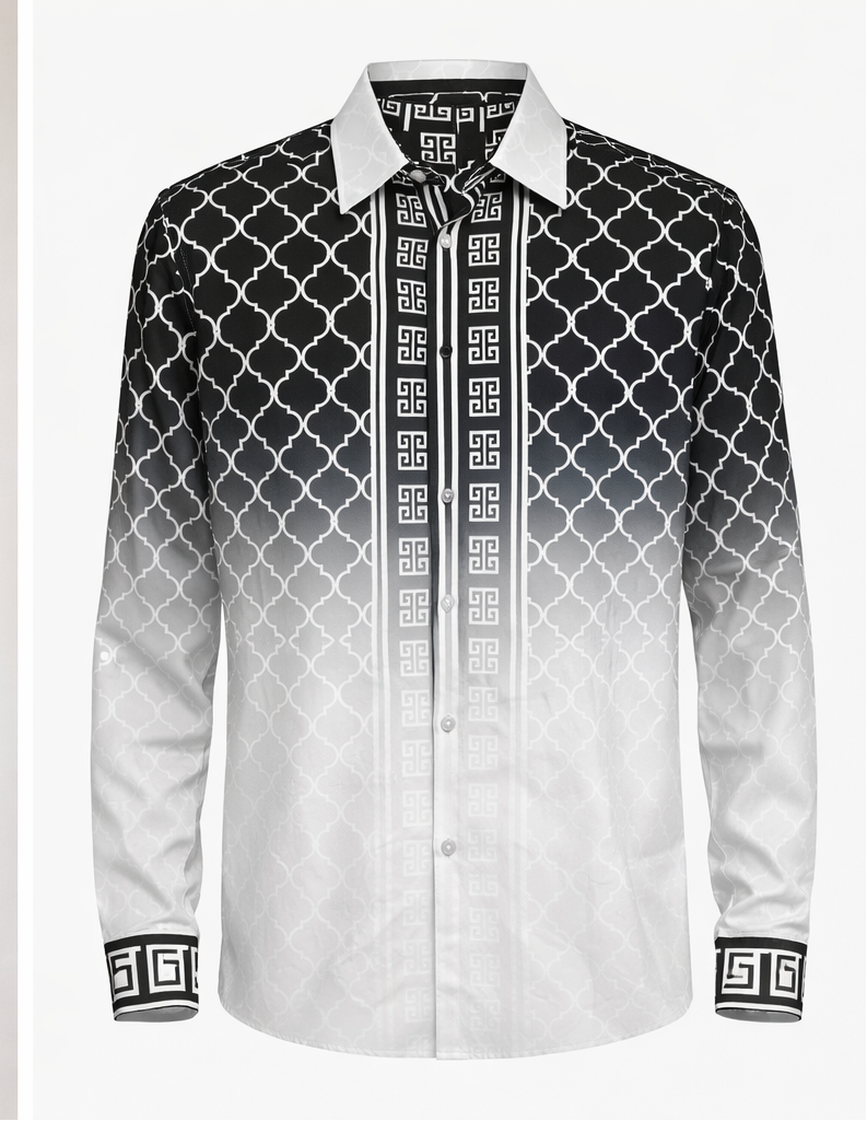 Men’s Black & White Ombre Pattern Button-Up Shirt