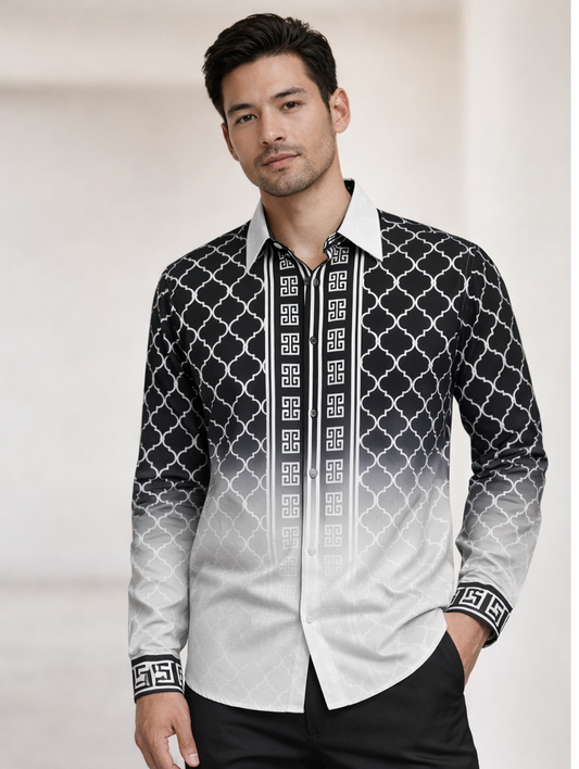 Men’s Black & White Ombre Pattern Button-Up Shirt