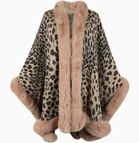 Fur Cardigan Leopard Print Shawl Sweater