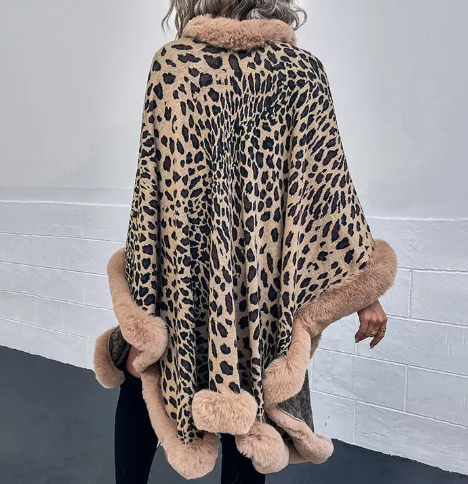 Fur Cardigan Leopard Print Shawl Sweater