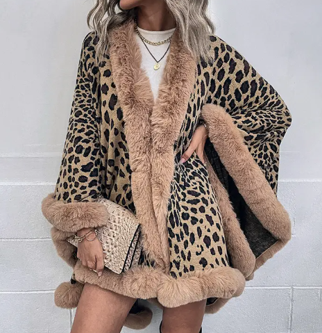 Fur Cardigan Leopard Print Shawl Sweater