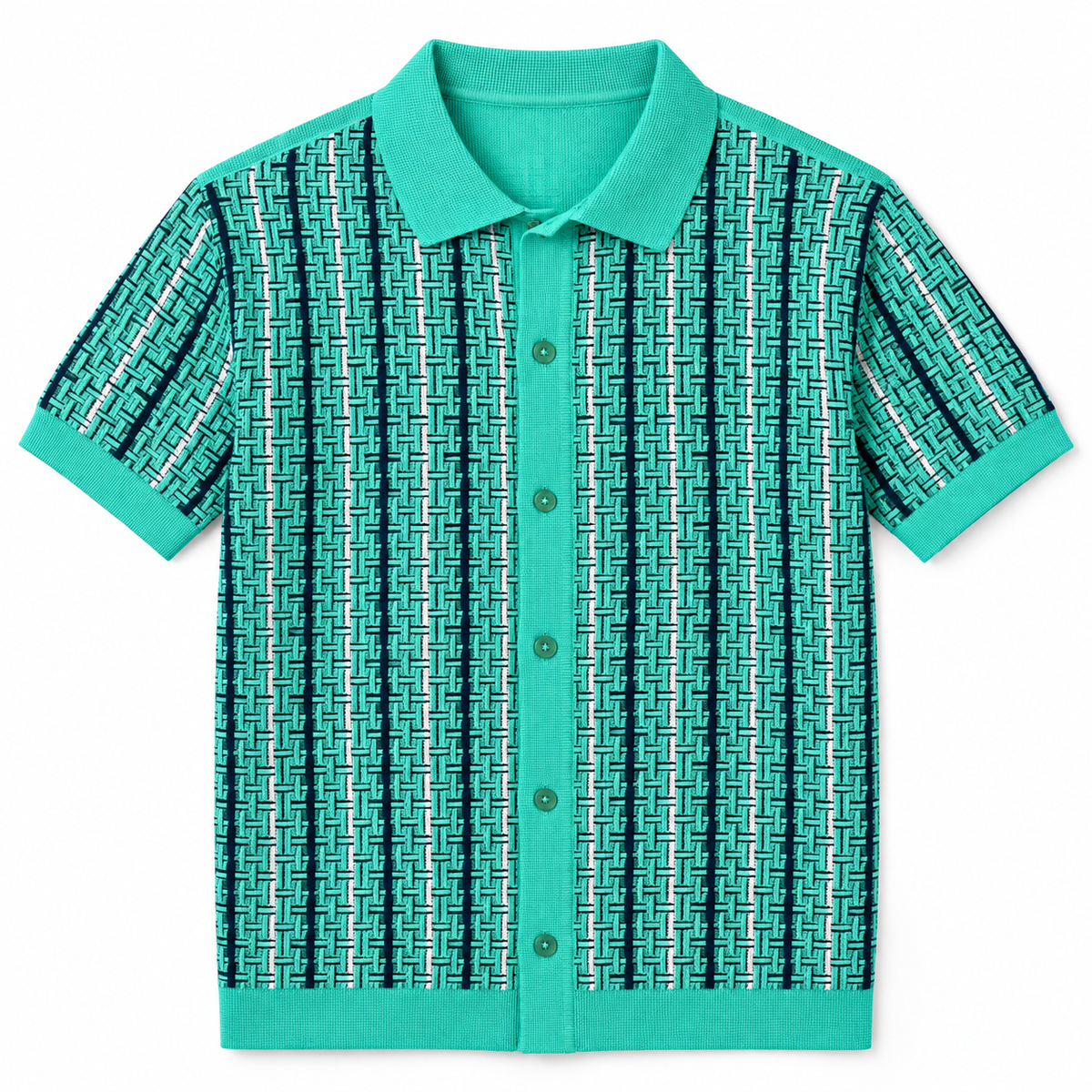 Teal geometric knit polo shirt, front view