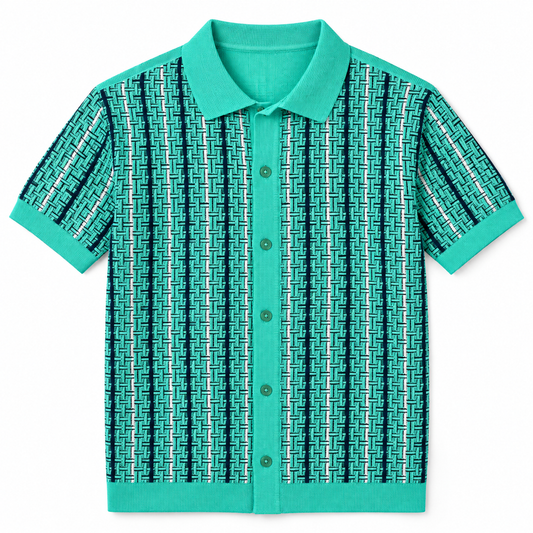 Teal geometric knit polo shirt, front view