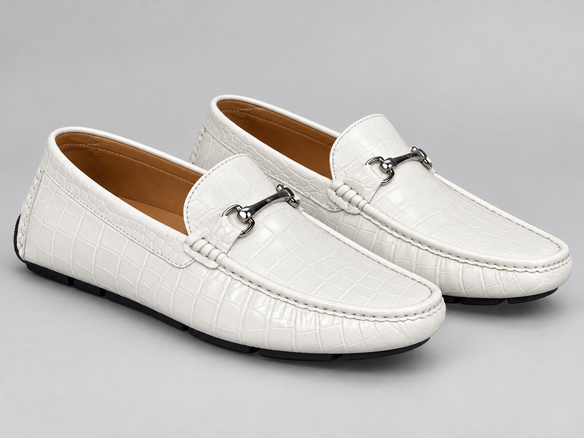 Men's White Crocodile Embossed Bit Driving Loafer