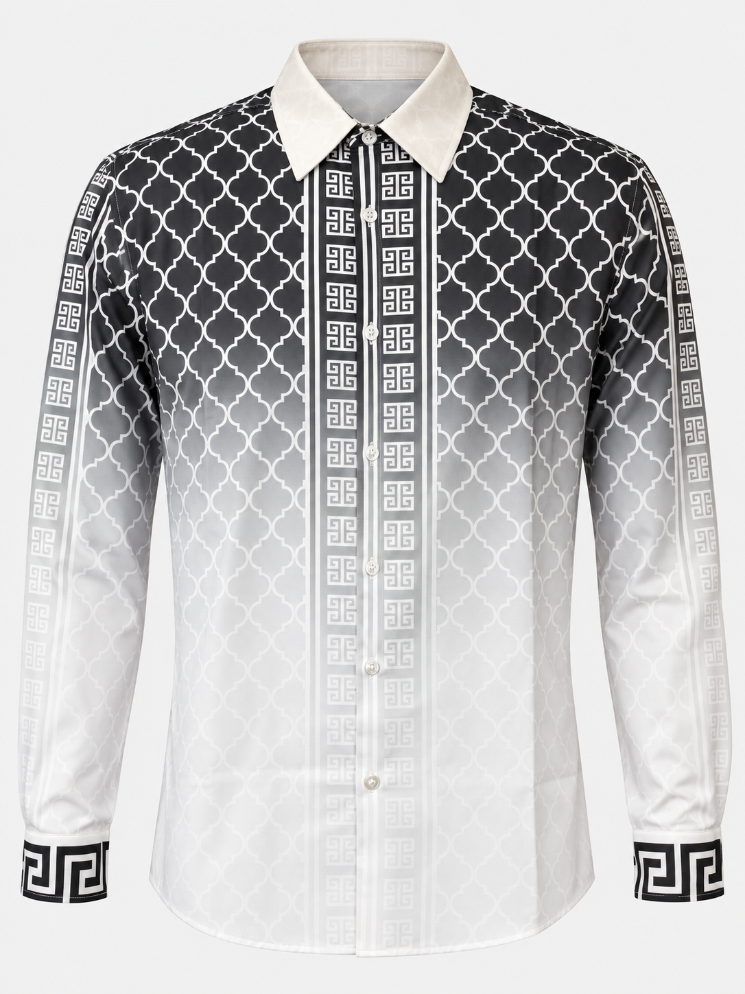Black-to-gray ombré men's button-up with cream collar, quatrefoil pattern, Greek-key trim