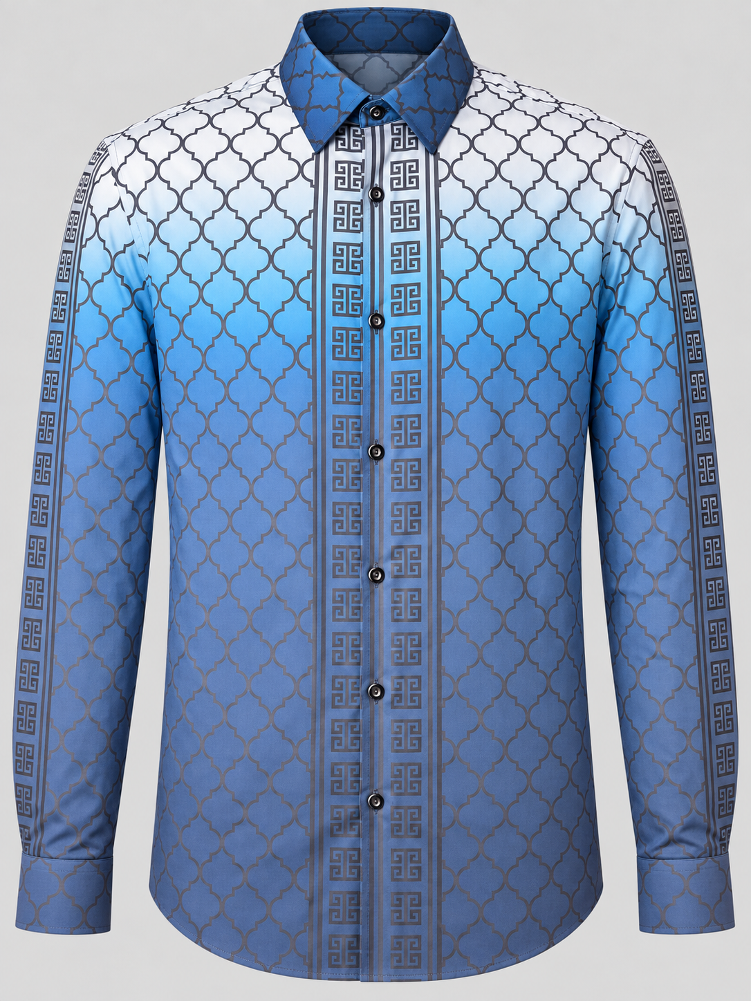 Blue-to-slate ombré men's button-up with quatrefoil pattern and Greek-key panels