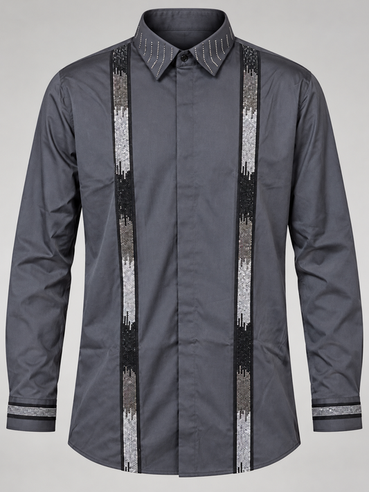 Charcoal gray button-up shirt with rhinestone front panels, collar, and cuffs