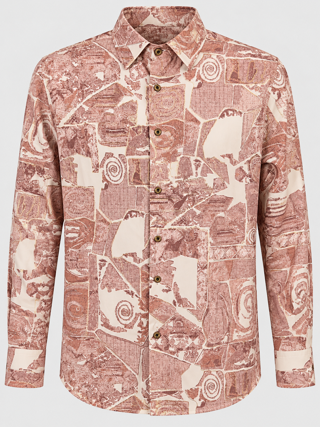 Cream men's button-up with dusty rose abstract patchwork pattern and gold accents