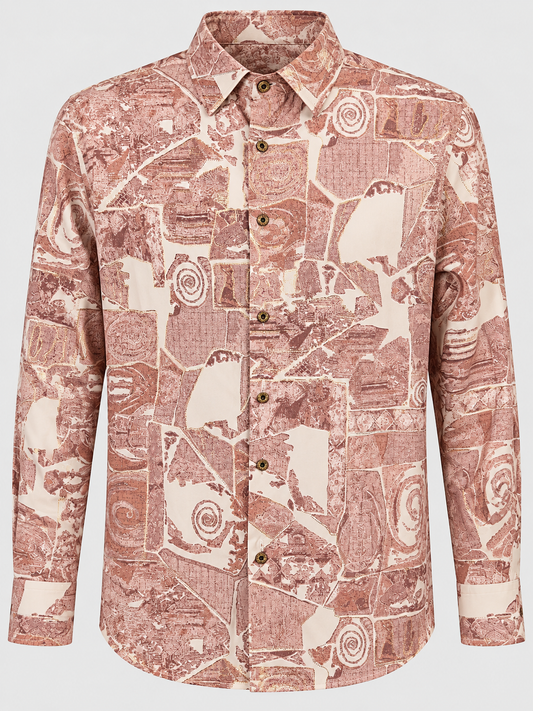 Cream men's button-up with dusty rose abstract patchwork pattern and gold accents