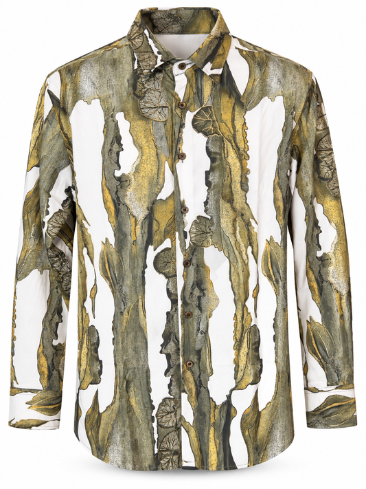 D.U.S For Him abstract olive and gold print button-up shirt