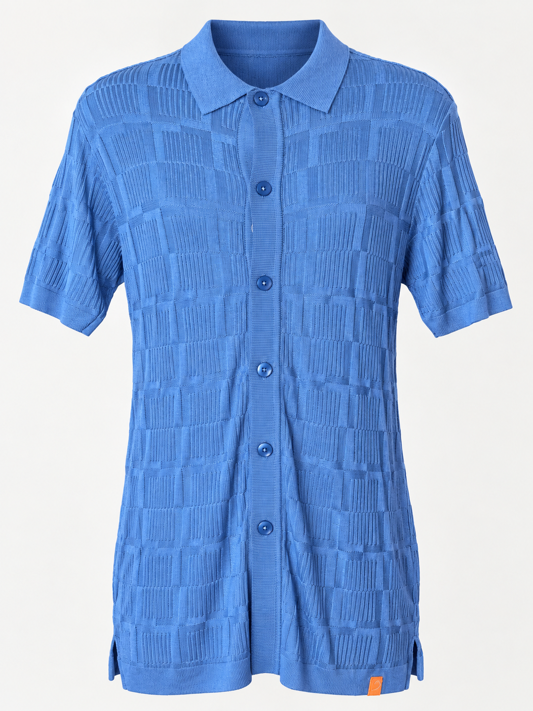 Edition blue textured short-sleeve longline knit button-up