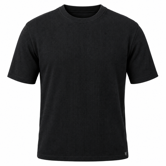 Black Stacy Adams short-sleeve rib knit top, studio product image