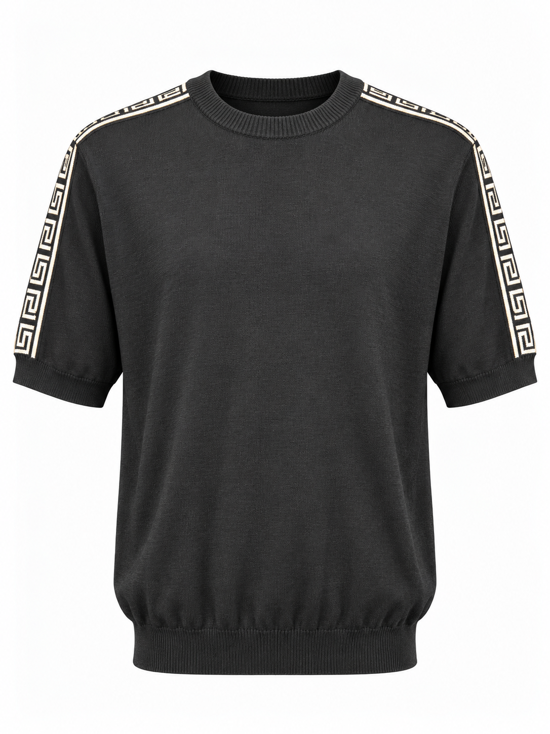 Catalog image of black Passeri Milano Collection knit top with geometric sleeve trim, size XL