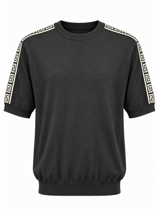 Catalog image of black Passeri Milano Collection knit top with geometric sleeve trim, size XL